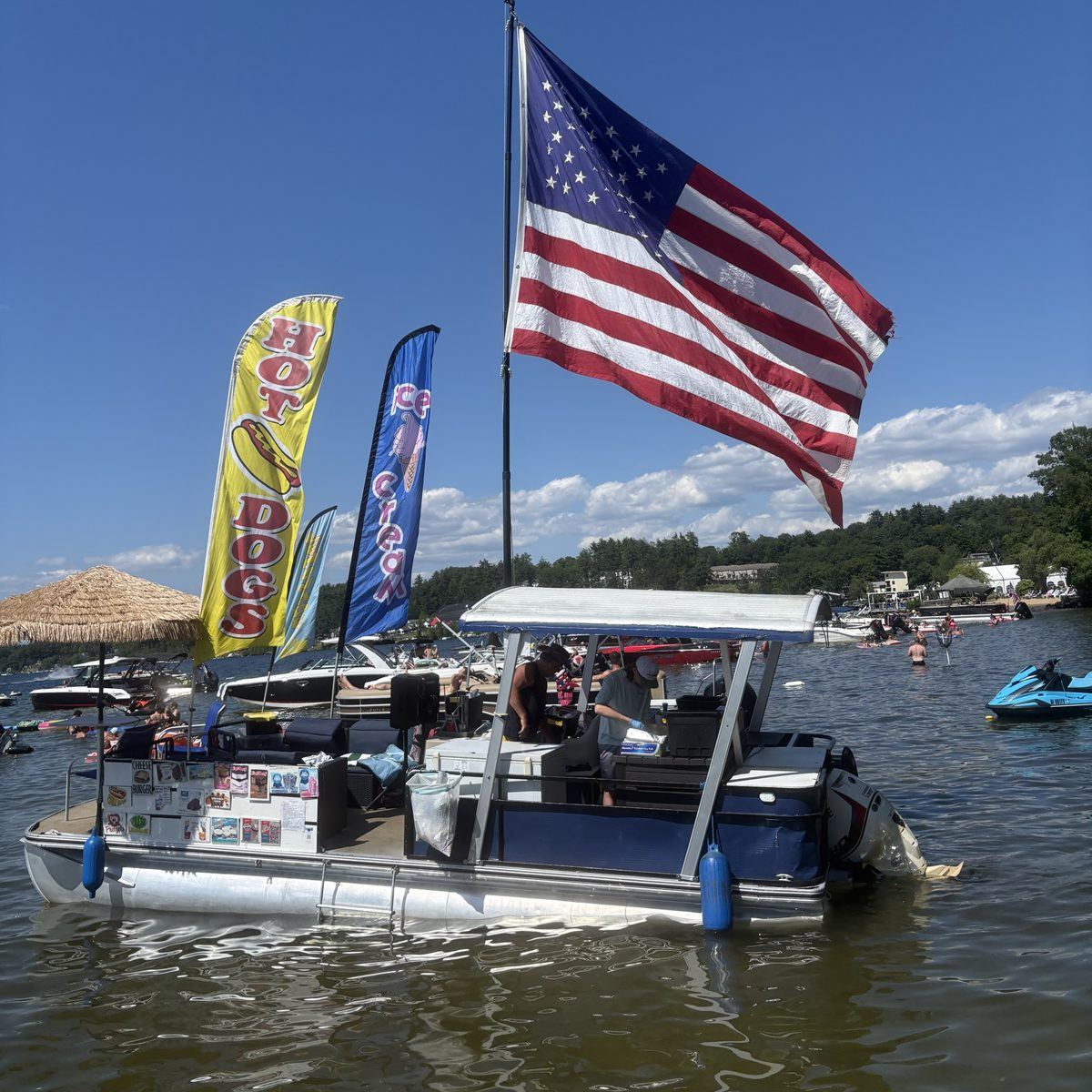 A pontoon boat with a hot dogs flag at the sand bar